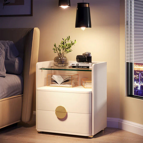 Velador Blanco Con Vidrio 2 Cajones Elegante Premium - Spacemarket