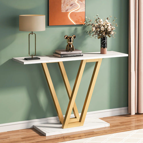 Arrimo Estilo Mármol Blanco Lujo Base Metálica Dorada En V - Spacemarket