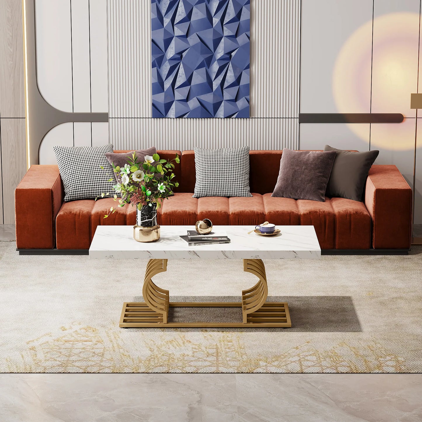 PREVENTA - Mesa de Centro Estilo Marmol Blanco Base Dorada