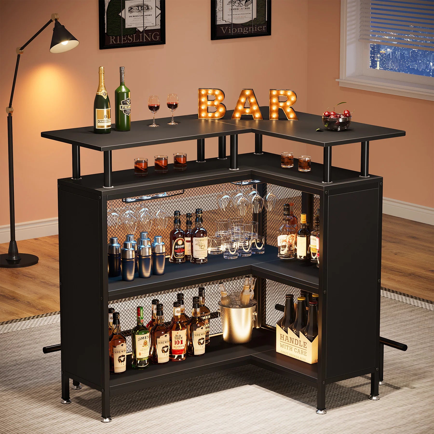 PREVENTA - Mueble Home Bar Metal En L Con Portacopas - Spacemarket