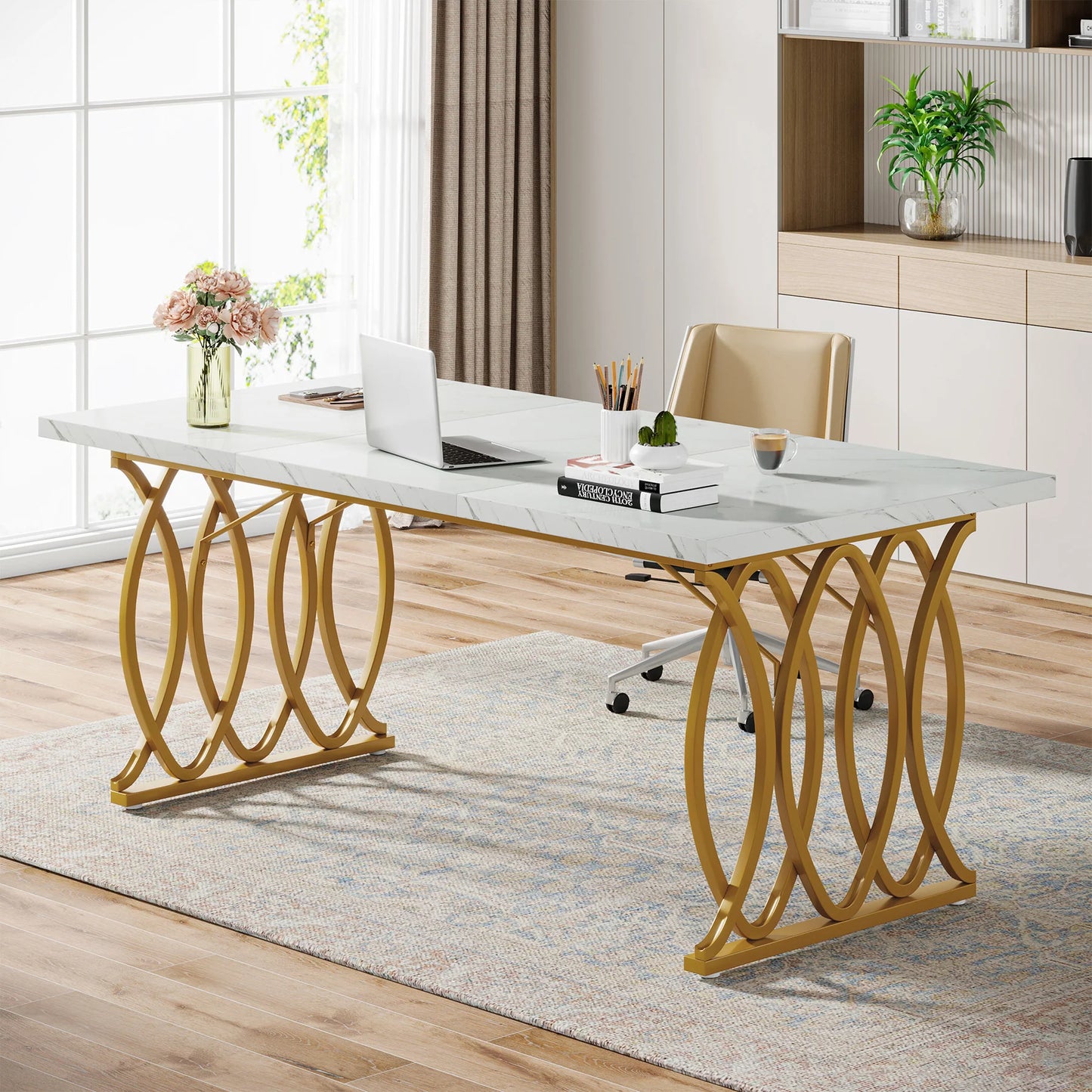 PREVENTA - Escritorio Blanco Estilo Marmol 160cm Base Geometrica Dorada