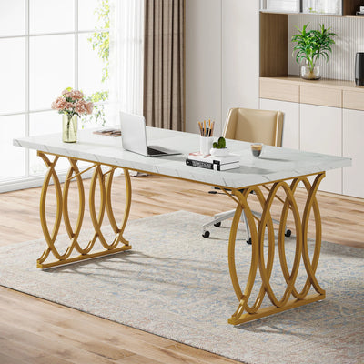 PREVENTA - Escritorio Blanco Estilo Marmol 160cm Base Geometrica Dorada