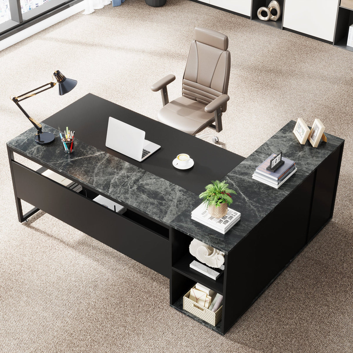 Preventa - Escritorio Ejecutivo Negro 180 Cm  En L Tipo Marmol Premium