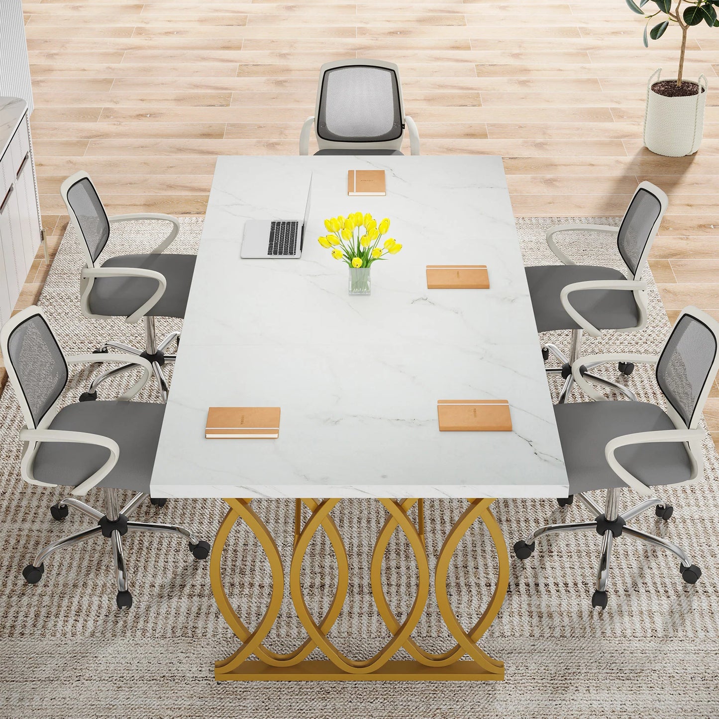 PREVENTA - Escritorio Blanco Estilo Marmol 160cm Base Geometrica Dorada