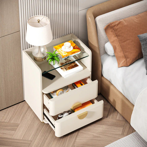 Velador Blanco Con Vidrio 2 Cajones Elegante Premium - Spacemarket