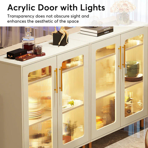 Mueble Gabinete Buffet Blanco Con Acrílico Y Luz Led Premium