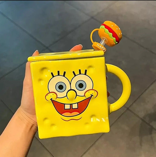 Tazón Taza Mug Bob Esponja 3d Con Tapa Y Bombilla