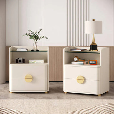 Velador Blanco Con Vidrio 2 Cajones Elegante Premium