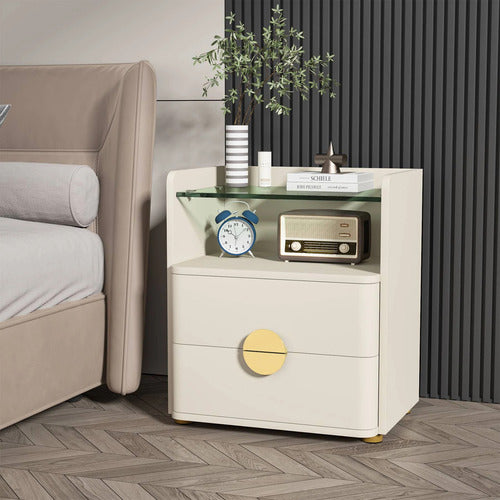 Velador Blanco Con Vidrio 2 Cajones Elegante Premium - Spacemarket