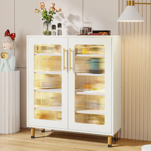 Mueble Gabinete Buffet Blanco Con Acrílico Y Luz Led Premium