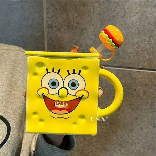 Tazón Taza Mug Bob Esponja 3d Con Tapa Y Bombilla