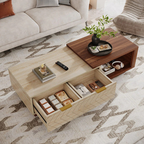 Mesa De Centro Extensible Bicolor 2 Cajones Premium