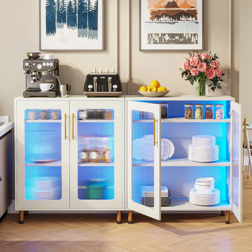 Mueble Gabinete Buffet Blanco Con Acrílico Y Luz Led Premium