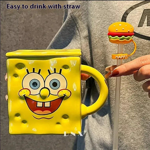 Tazón Taza Mug Bob Esponja 3d Con Tapa Y Bombilla