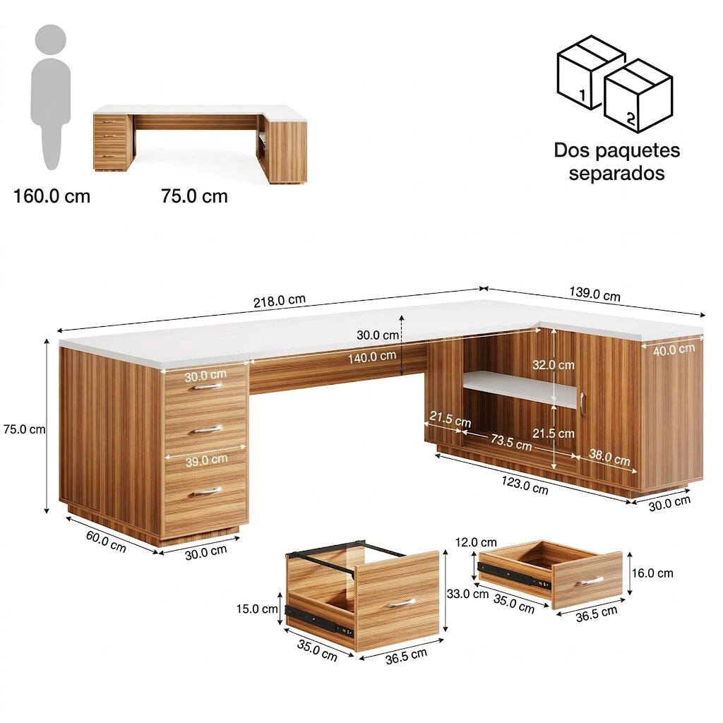 Preventa - Escritorio Ejecutivo Premium En L 218 CM Con Cajoneras - Spacemarket