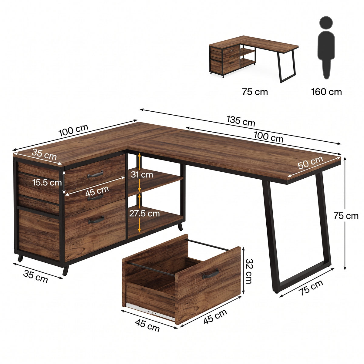 Preventa - Escritorio Industrial en L Reversible 135 CM Con Cajonera - Spacemarket