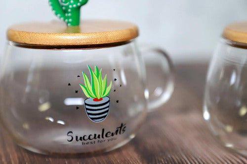 Taza Vidrio Trasparente Cactus Tapa + Cuchara - Spacemarket