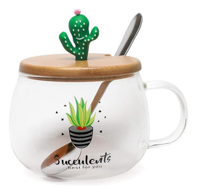 Taza Vidrio Trasparente Cactus Tapa + Cuchara - Spacemarket